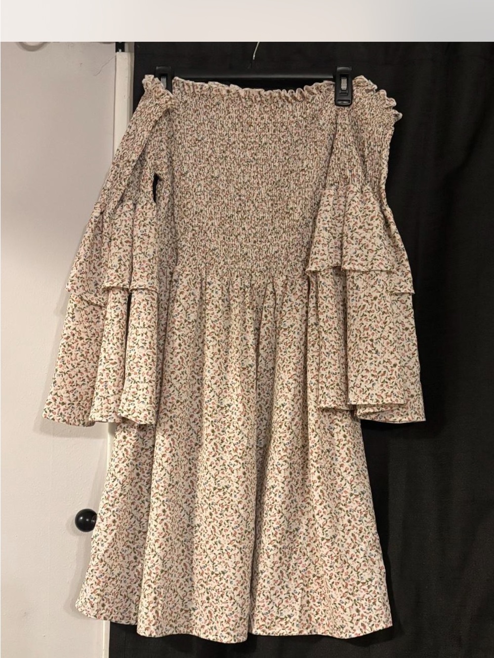 SHEIN Cream Strapless Floral Smocked Dress with Pink & Green Print